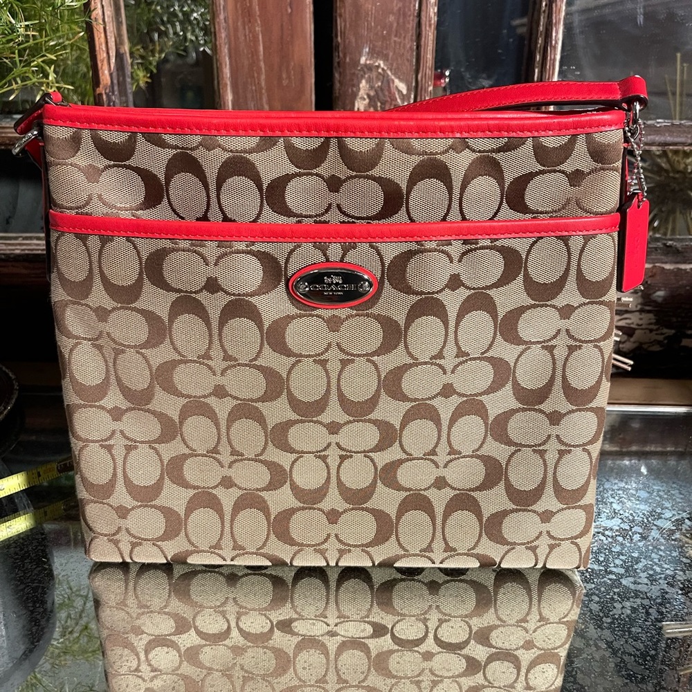 Coach Brown/Coral Orange Signature Canvas/Leather Swingpack File Crossbody Bag